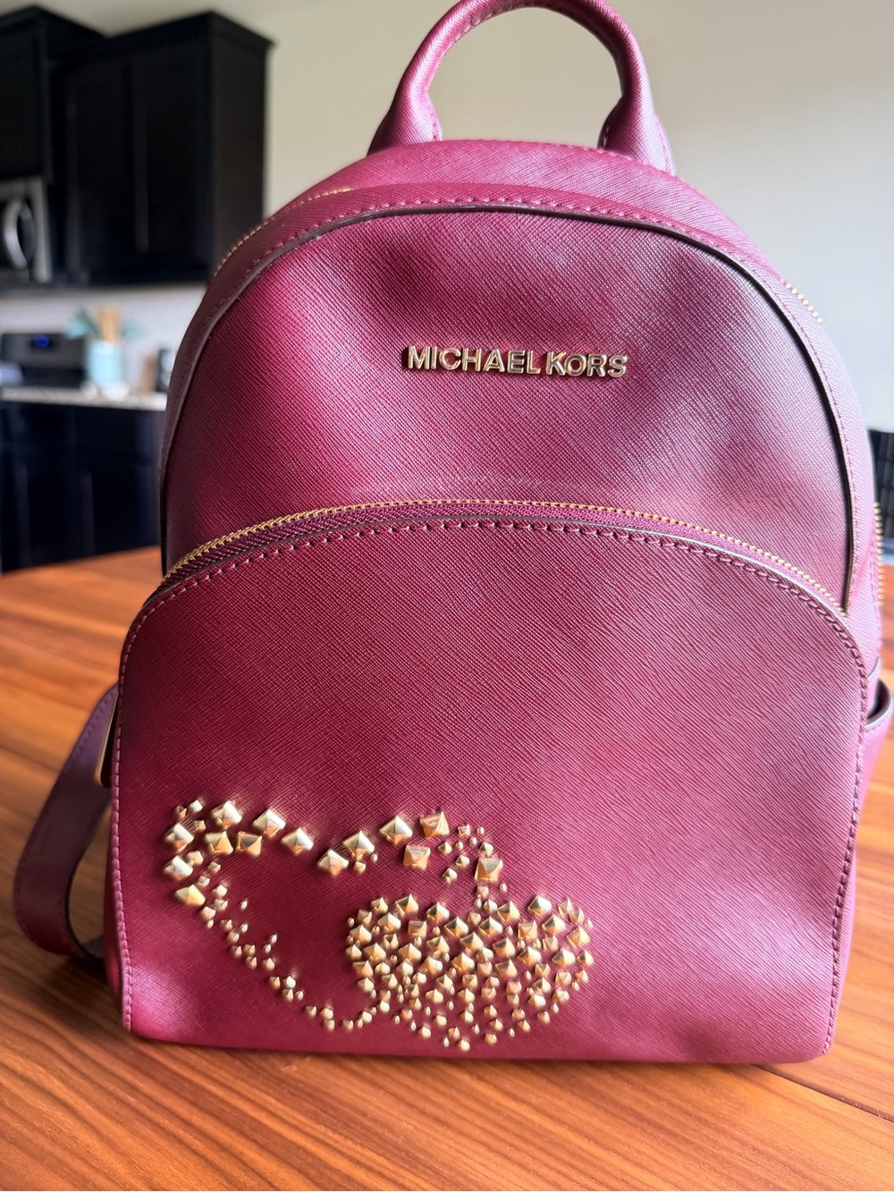Michael Kors Abbey Hearts Studded Saffiano Leather Burgundy Backpack and Pouch